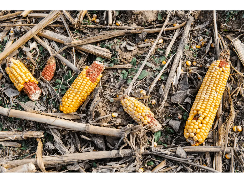 corn kernel's on the ground starting to rot